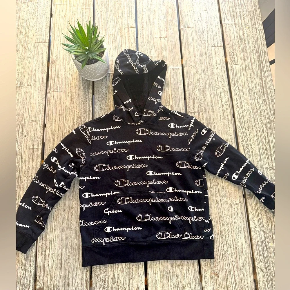 Boys Champion Black Hoodie with Logo Print, Size Medium
